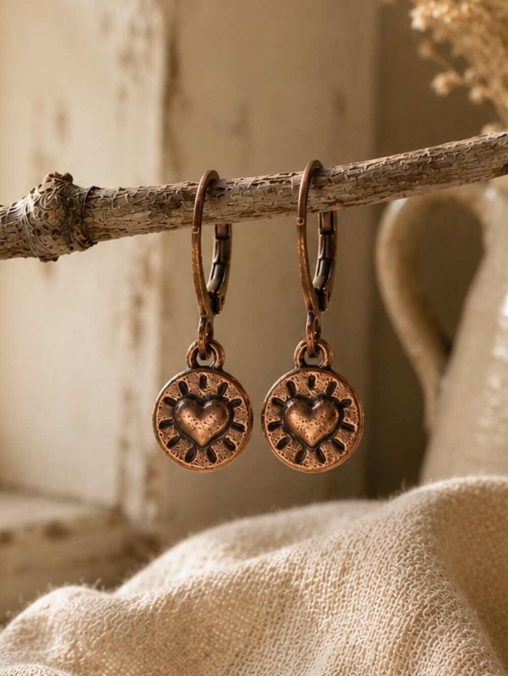 Antique Copper Heart Earrings Rustic Folk Art Artisan Jewelry Hand Crafted